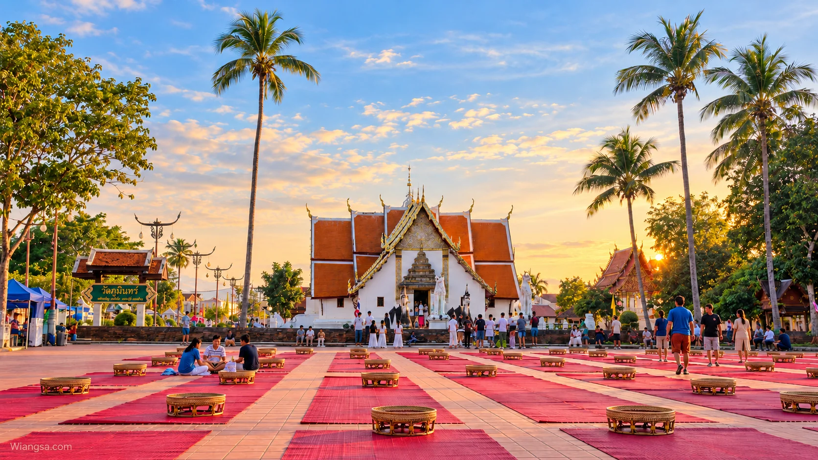 ภาพประกอบลานขันโตกสีแดงหน้าวัดภูมินทร์ มีโต๊ะขันโตกและผู้คนยามเย็น