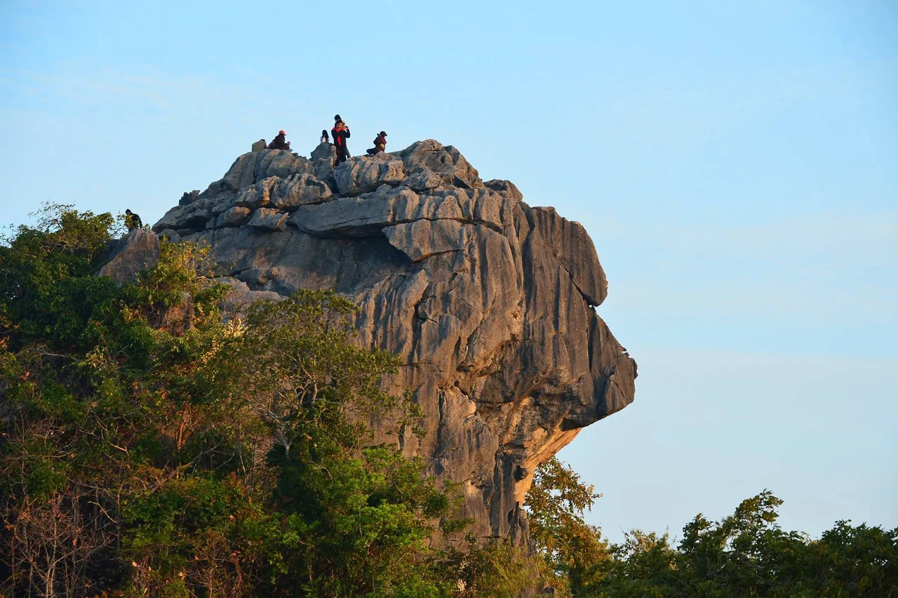 โขดหินผาหัวสิงห์สูงเหนือแนวป่า มีผู้คนยืนชมวิวอยู่บนแนวสันหิน