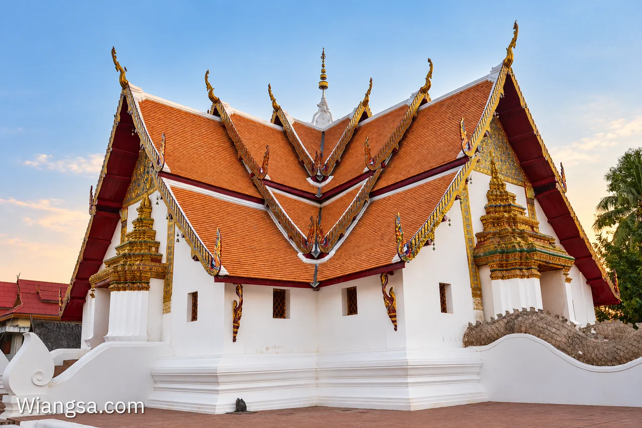 มุมเฉียงของวิหารวัดภูมินทร์ เห็นแนวหลังคาล้านนาที่ซ้อนต่อกันและหน้าบันประดับลายทอง